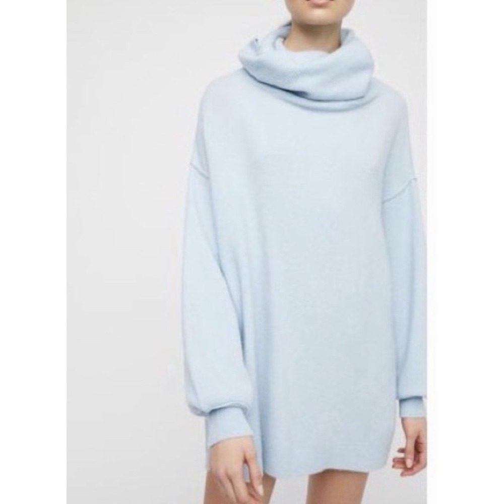 Free People Keep A Secret Cashmere Tunic Sweater Cowl Neck Oversized Blue Boho S